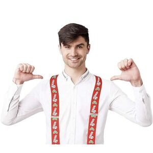 Red Christmas Suspenders Candy Cane &‎ Holly Leaves Adjustable Metal Clips OS